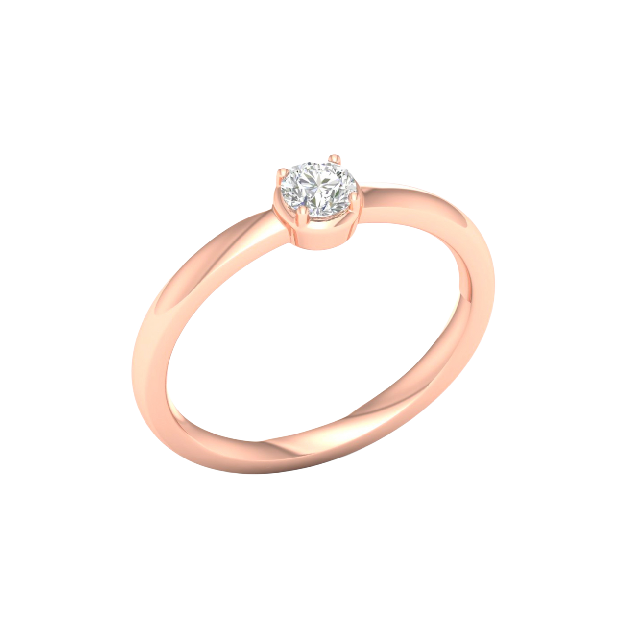 An angled view of a 14K rose gold ring, showcasing the brilliant center diamond and its pavé halo.