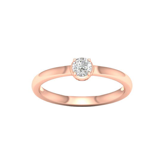 A top-down view of a 14K rose gold ring with a round diamond and a pavé halo.