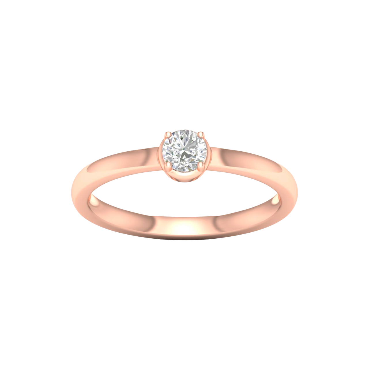 A top-down view of a 14K rose gold ring with a round diamond and a pavé halo.