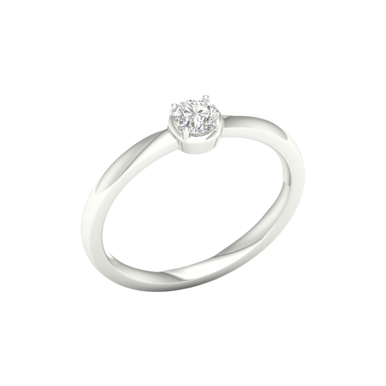 An angled view of a 14K white gold ring, showcasing the brilliant center diamond and its pavé halo.