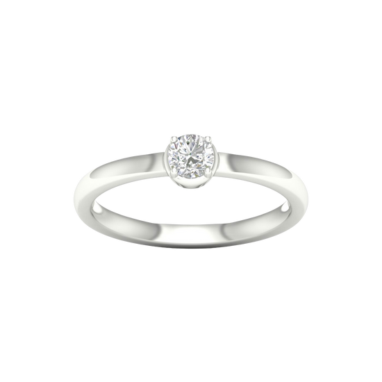 A top-down view of a 14K white gold ring with a round diamond and a pavé halo.