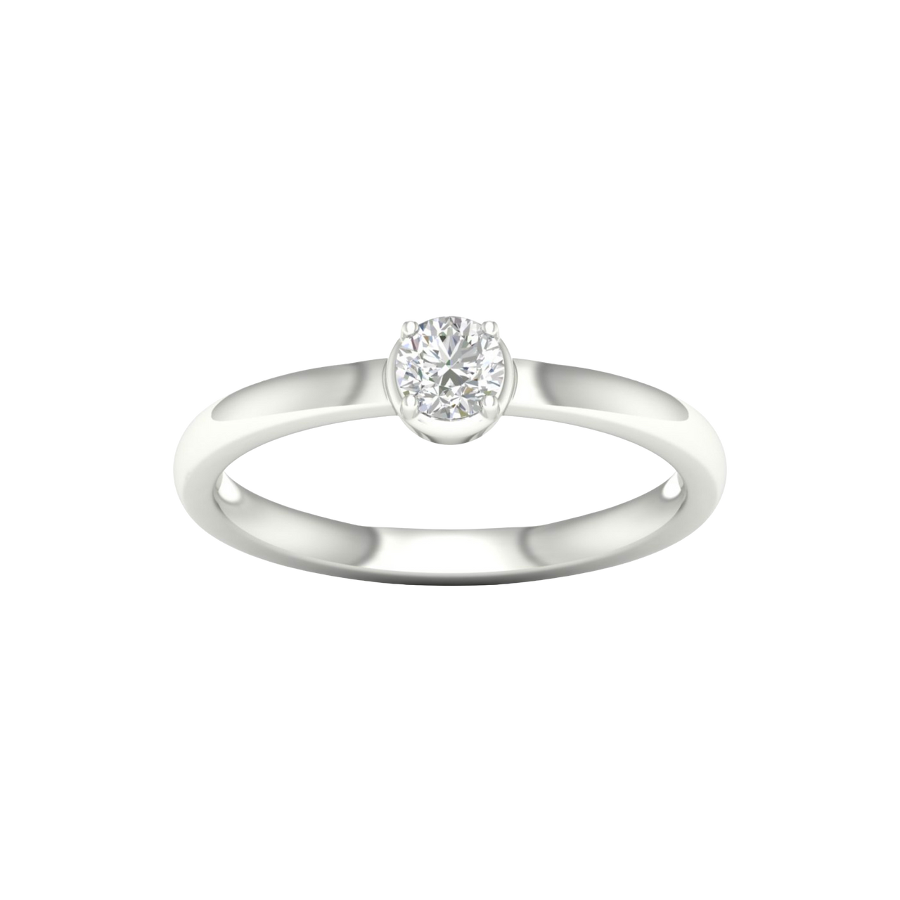 A top-down view of a 14K white gold ring with a round diamond and a pavé halo.