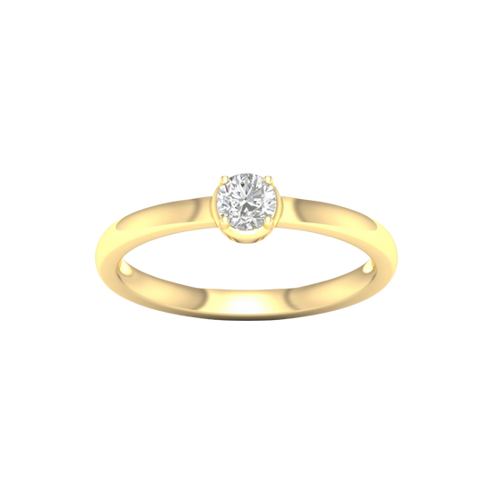 A top-down view of a 14K yellow gold ring with a round diamond and a pavé halo.