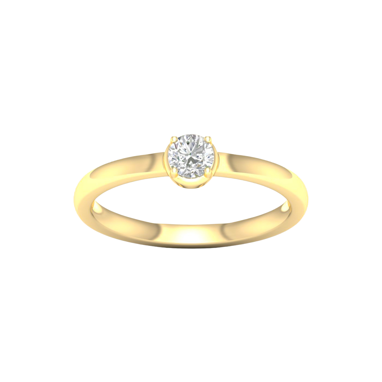 A top-down view of a 14K yellow gold ring with a round diamond and a pavé halo.