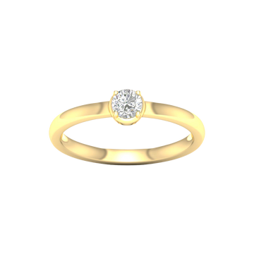 A top-down view of a 14K yellow gold ring with a round diamond and a pavé halo.