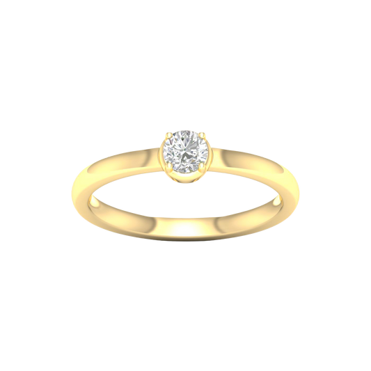 A top-down view of a 14K yellow gold ring with a round diamond and a pavé halo.