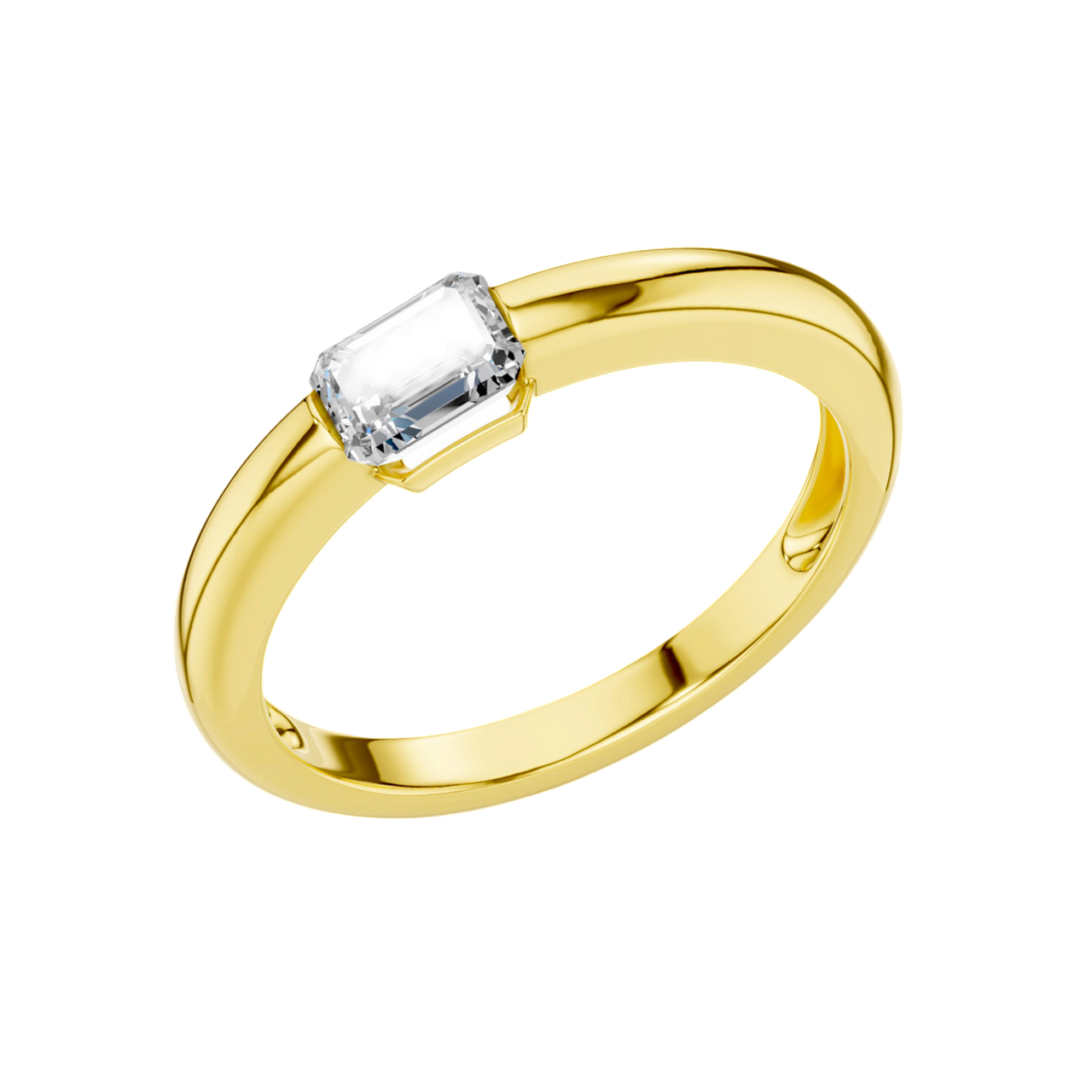 An angled view of a 14K yellow gold ring, showcasing the series of horizontal square-cut diamonds and the sleek connections between them.