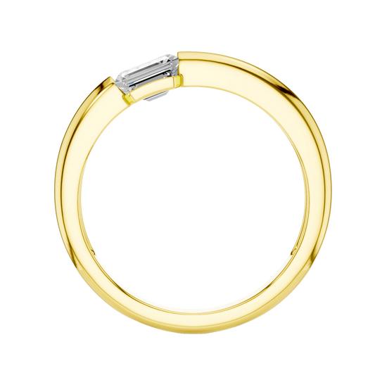 A upright side-profile view of a 14K yellow gold ring with a series of square-cut diamonds, showing the modern bezel setting.