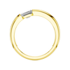 A upright side-profile view of a 14K yellow gold ring with a series of square-cut diamonds, showing the modern bezel setting.