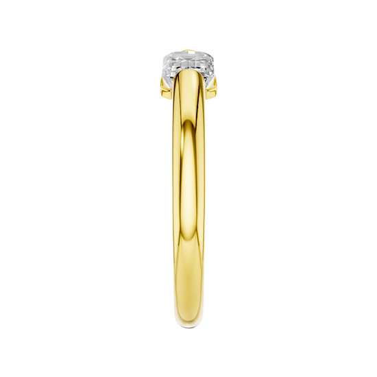 A side-profile view of a 14K yellow gold ring with a series of square-cut diamonds, showing the modern bezel setting.