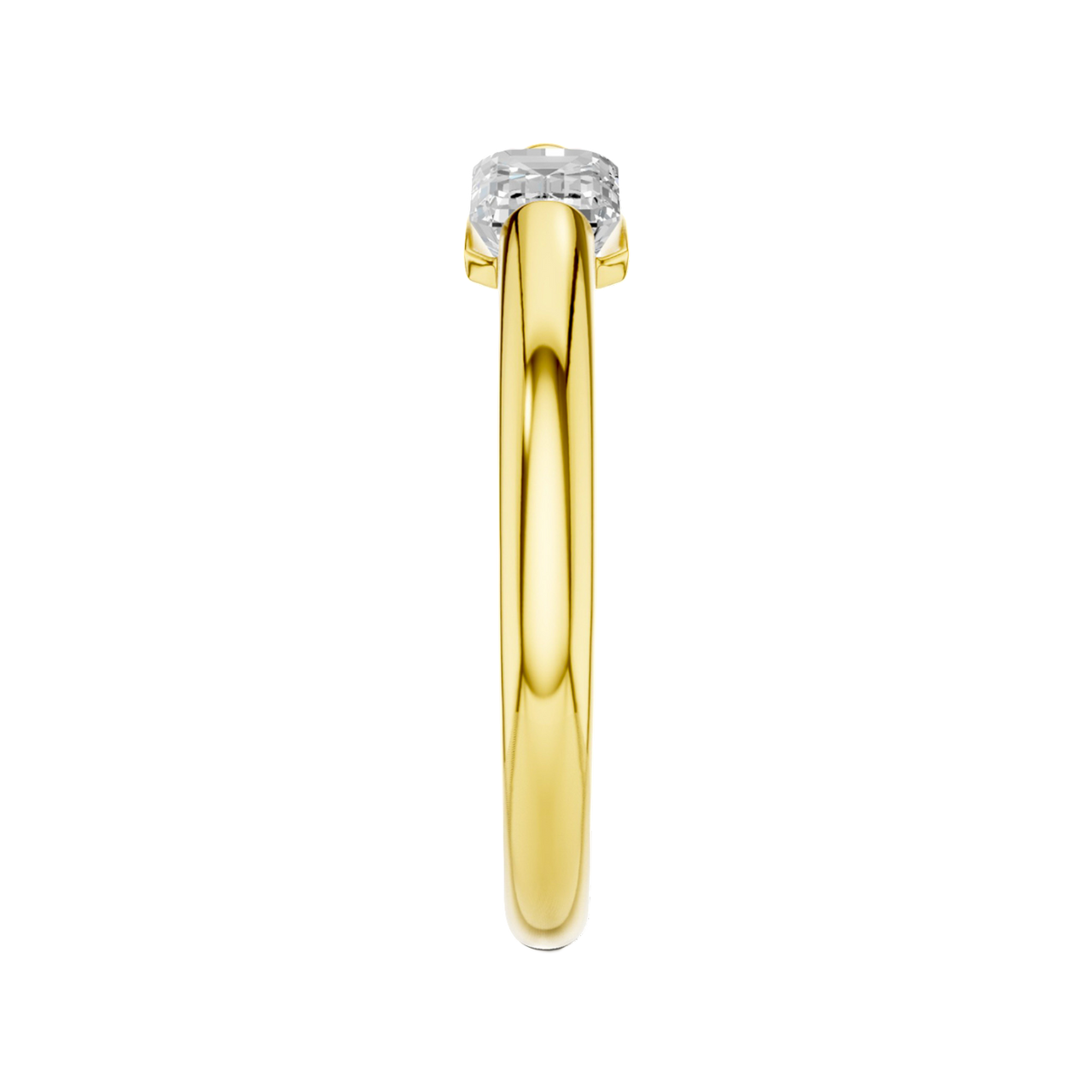 A side-profile view of a 14K yellow gold ring with a series of square-cut diamonds, showing the modern bezel setting.