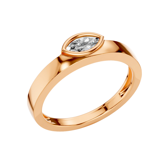An angled view of a 14K rose gold bypass ring, showcasing the bezel-set oval diamond and the overlapping band.