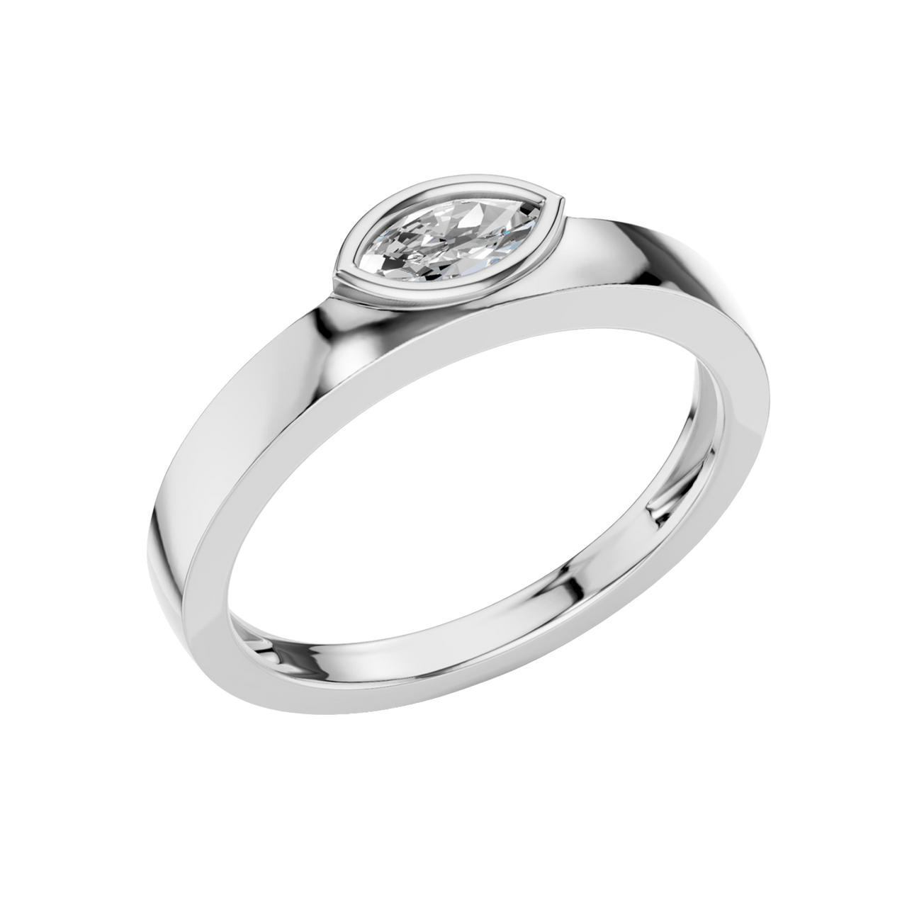 An angled view of a 14K white gold bypass ring, showcasing the bezel-set oval diamond and the overlapping band.