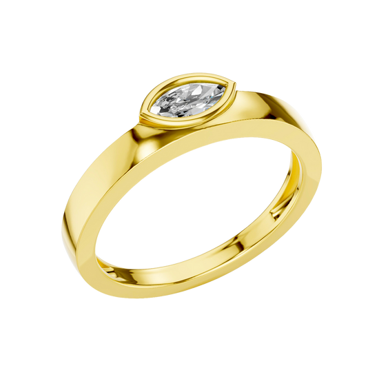 An angled view of a 14K yellow gold bypass ring, showcasing the bezel-set oval diamond and the overlapping band.