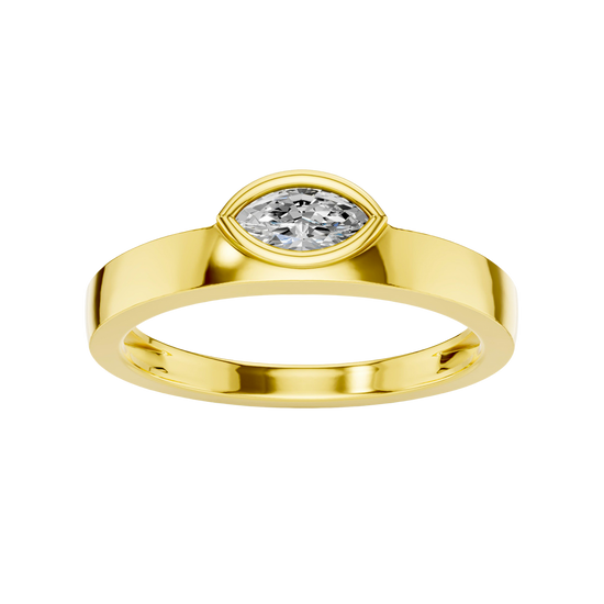 A top-down view of a 14K yellow gold bypass ring with a single, horizontally-set oval diamond in a bezel setting.