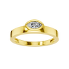 A top-down view of a 14K yellow gold bypass ring with a single, horizontally-set oval diamond in a bezel setting.