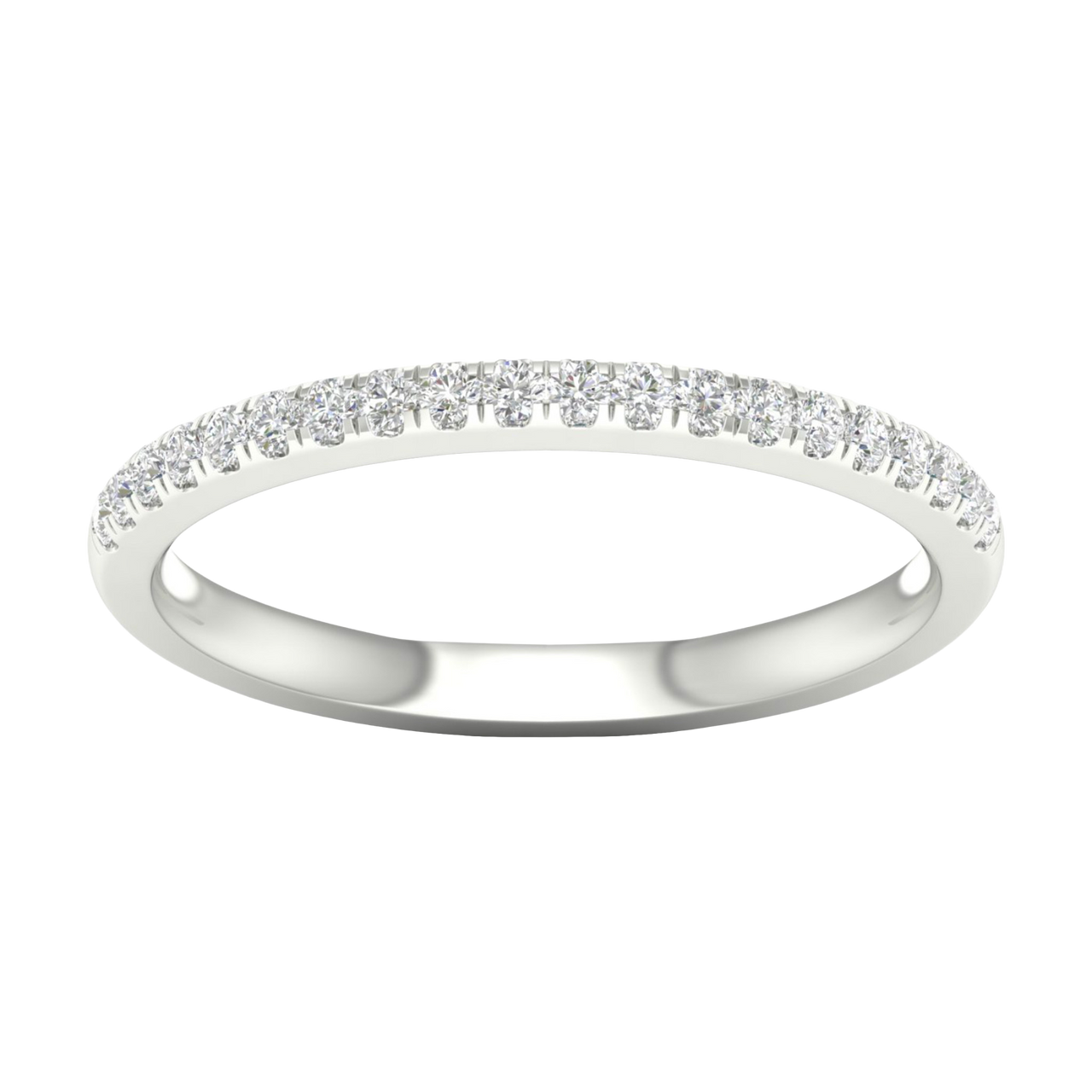 A top-down view of a 14K white gold thin band ring with a continuous line of petite, pavé-set round jewels.
