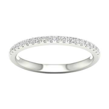 A top-down view of a 14K white gold thin band ring with a continuous line of petite, pavé-set round jewels.