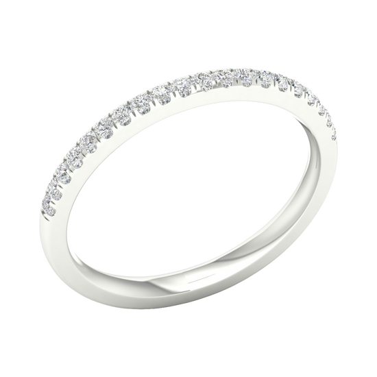 An angled view of a 14K white gold ring, showcasing the continuous shimmer of the pavé jewels.