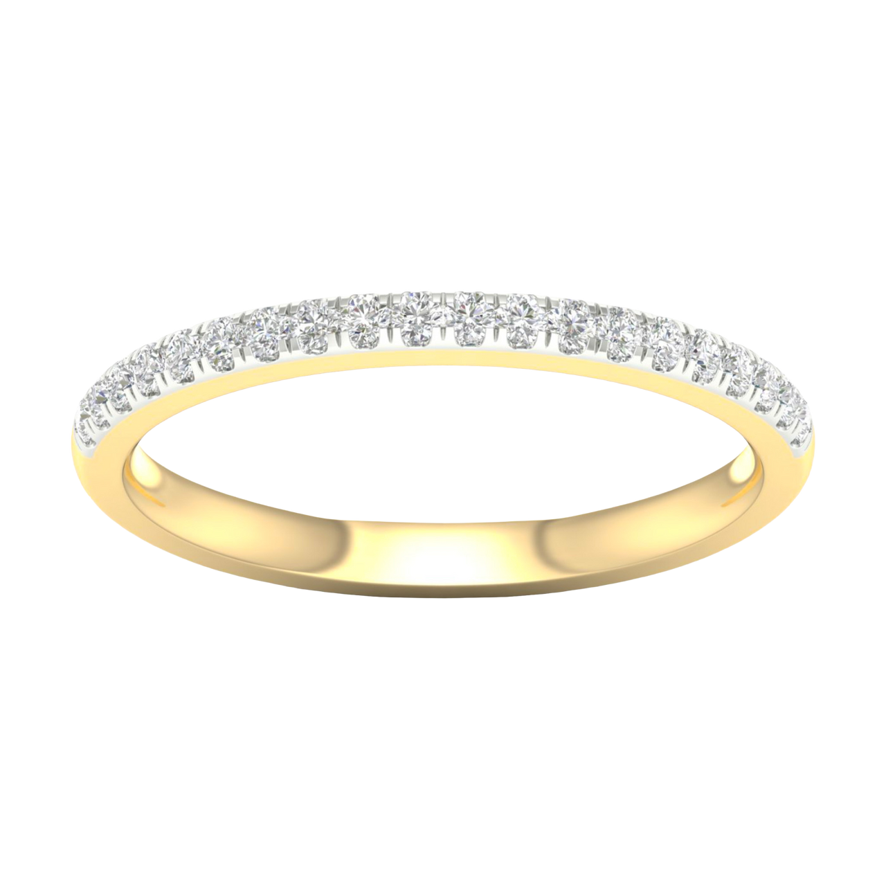 A top-down view of a 14K yellow gold thin band ring with a continuous line of petite, pavé-set round jewels.