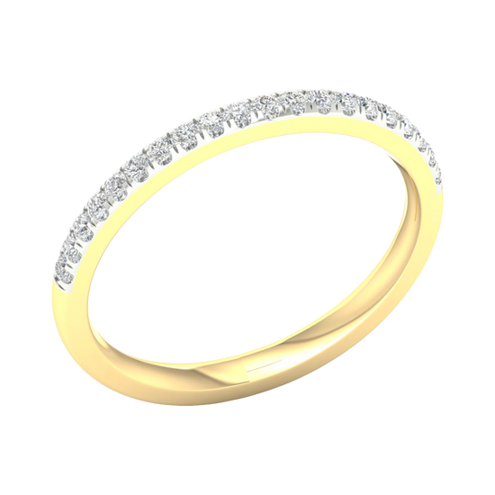 An angled view of a 14K yellow gold ring, showcasing the continuous shimmer of the pavé jewels.