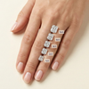 On-hand comparison of radiant cut diamonds from 1 carat, 2 carat, 3 carat, 4 carat, 5 carat.