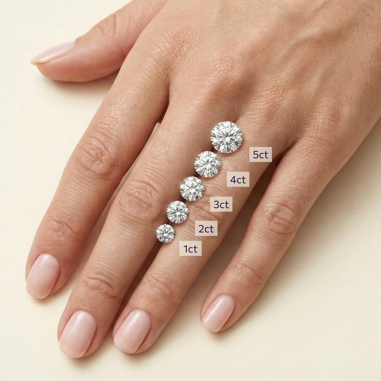 On-hand comparison of round cut diamonds from 1 carat, 2 carat, 3 carat, 4 carat, 5 carat.
