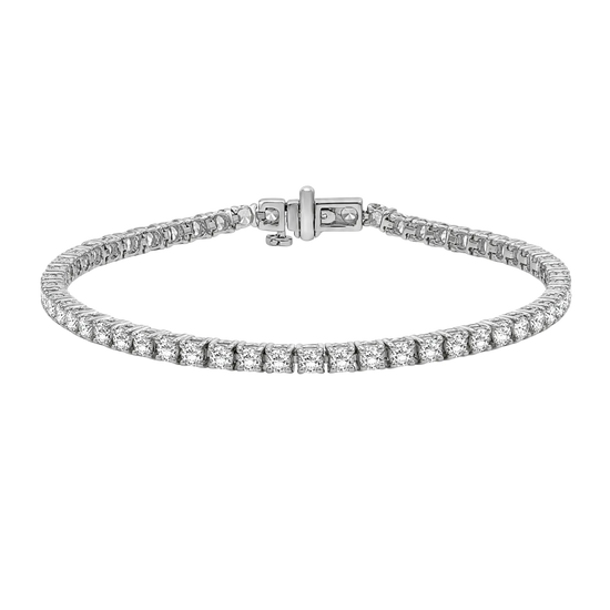 A silver tennis bracelet with a channel-set diamond design and a sliding clasp, shown on a plain white background.
