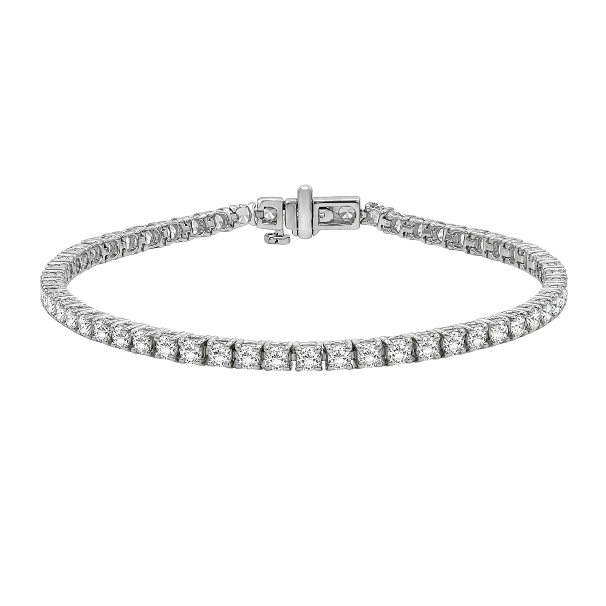 A silver tennis bracelet with a channel-set diamond design and a sliding clasp, shown on a plain white background.