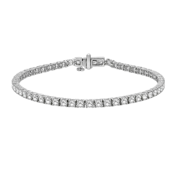 A silver tennis bracelet with a channel-set diamond design and a sliding clasp, shown on a plain white background.