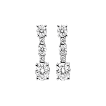 A pair of silver-toned drop earrings featuring multiple round-cut clear gemstones arranged in a vertical baroque-style design, shown against a plain white background.