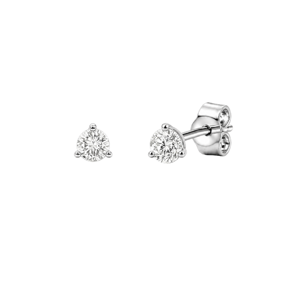 Angled front view of two round diamond stud earrings.