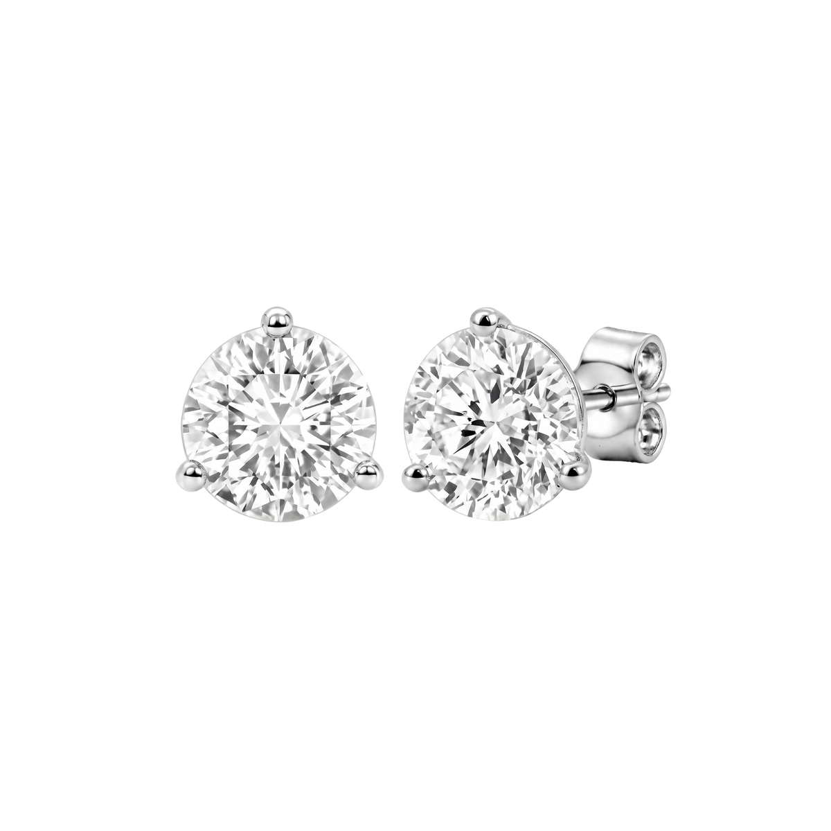 Angled front view of two round diamond stud earrings.