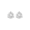 Close-up front view of two round-cut diamond stud earrings in three-prong settings.
