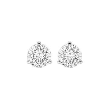 Close-up front view of two round-cut diamond stud earrings in three-prong settings.