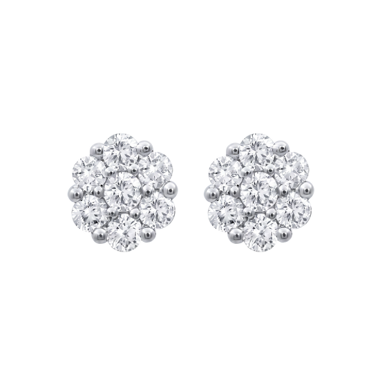 A pair of round cluster stud earrings made of silver-toned metal and clear gemstones, shown on a plain white background.
