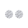 A pair of round cluster stud earrings made of silver-toned metal and clear gemstones, shown on a plain white background.