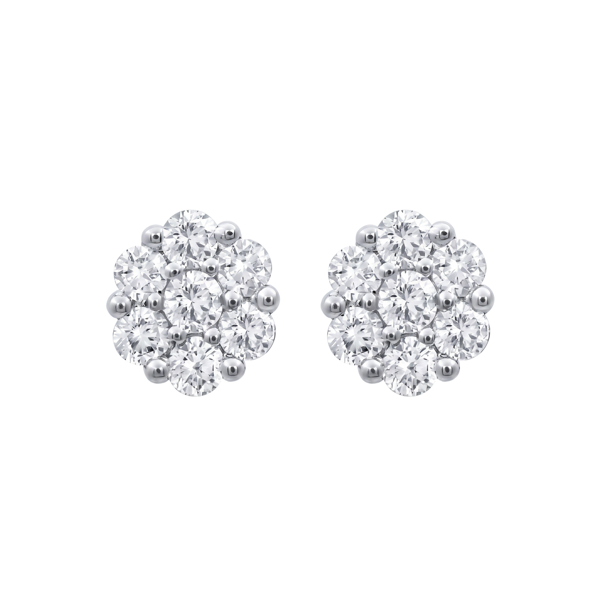 A pair of round cluster stud earrings made of silver-toned metal and clear gemstones, shown on a plain white background.