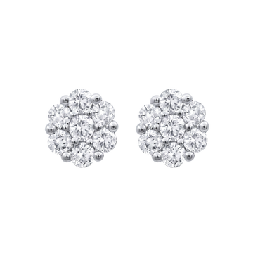 A pair of round cluster stud earrings made of silver-toned metal and clear gemstones, shown on a plain white background.