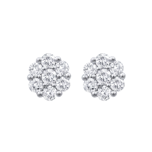 A pair of round cluster stud earrings made of silver-toned metal and clear gemstones, shown on a plain white background.