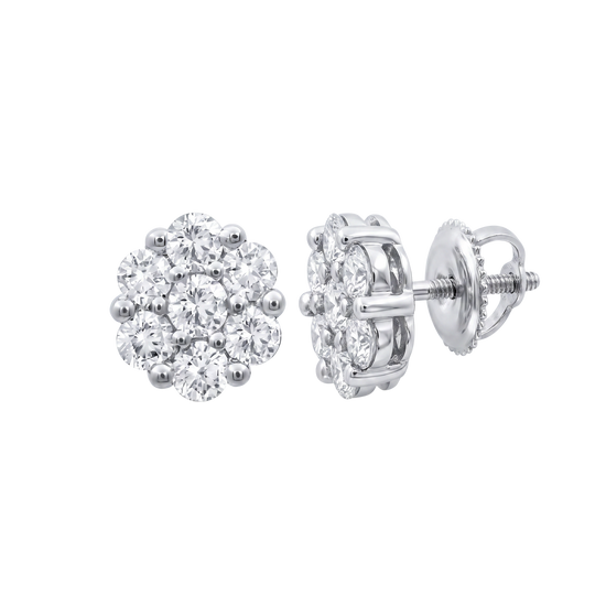 A pair of silver stud earrings with round-cut clear gemstones, shown from the front and side on a plain white background.