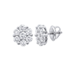 A pair of silver stud earrings with round-cut clear gemstones, shown from the front and side on a plain white background.