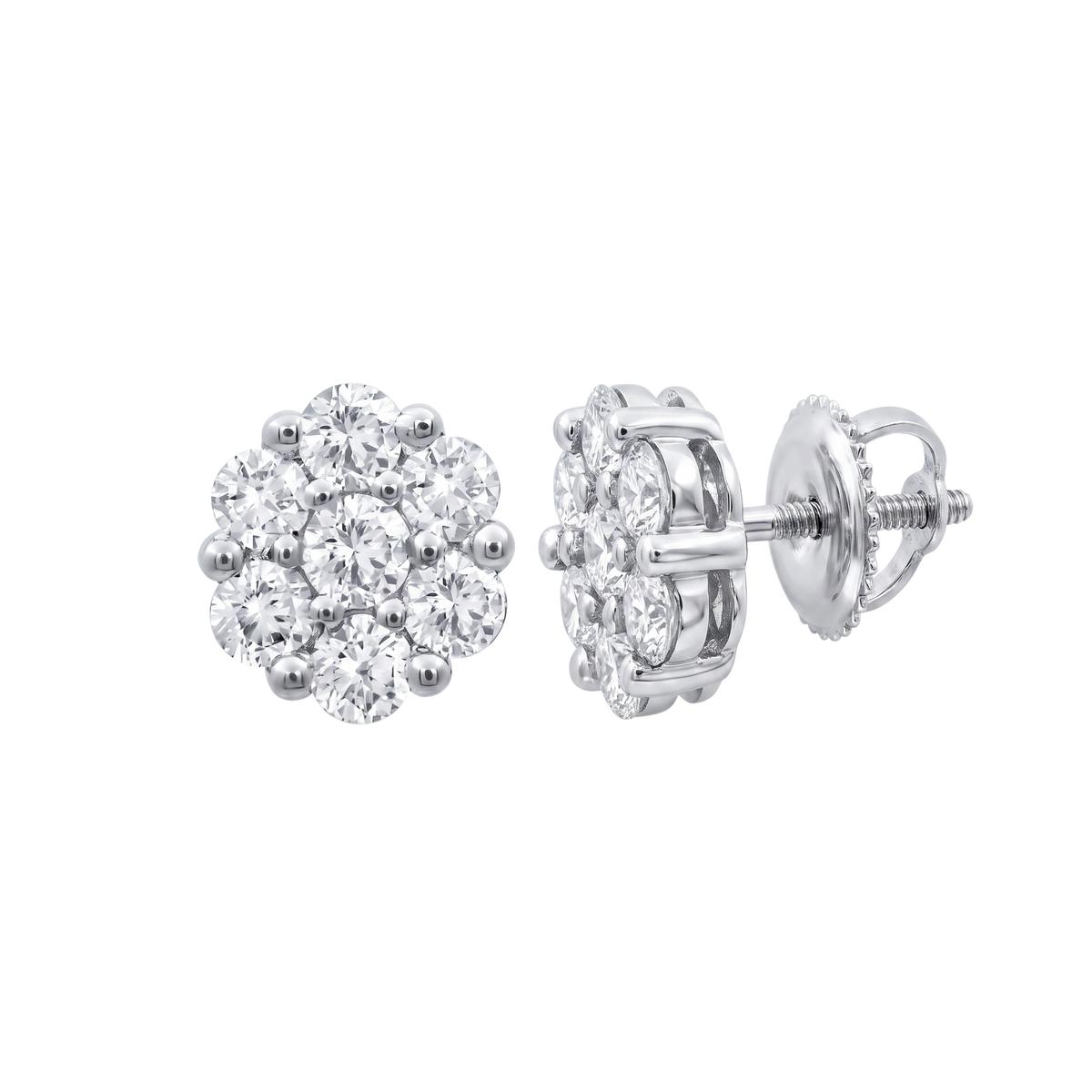 A pair of silver stud earrings with round-cut clear gemstones, shown from the front and side on a plain white background.