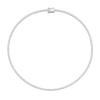 A silver tennis necklace with a row of small clear stones, featuring a rectangular clasp, shown on a plain white background.