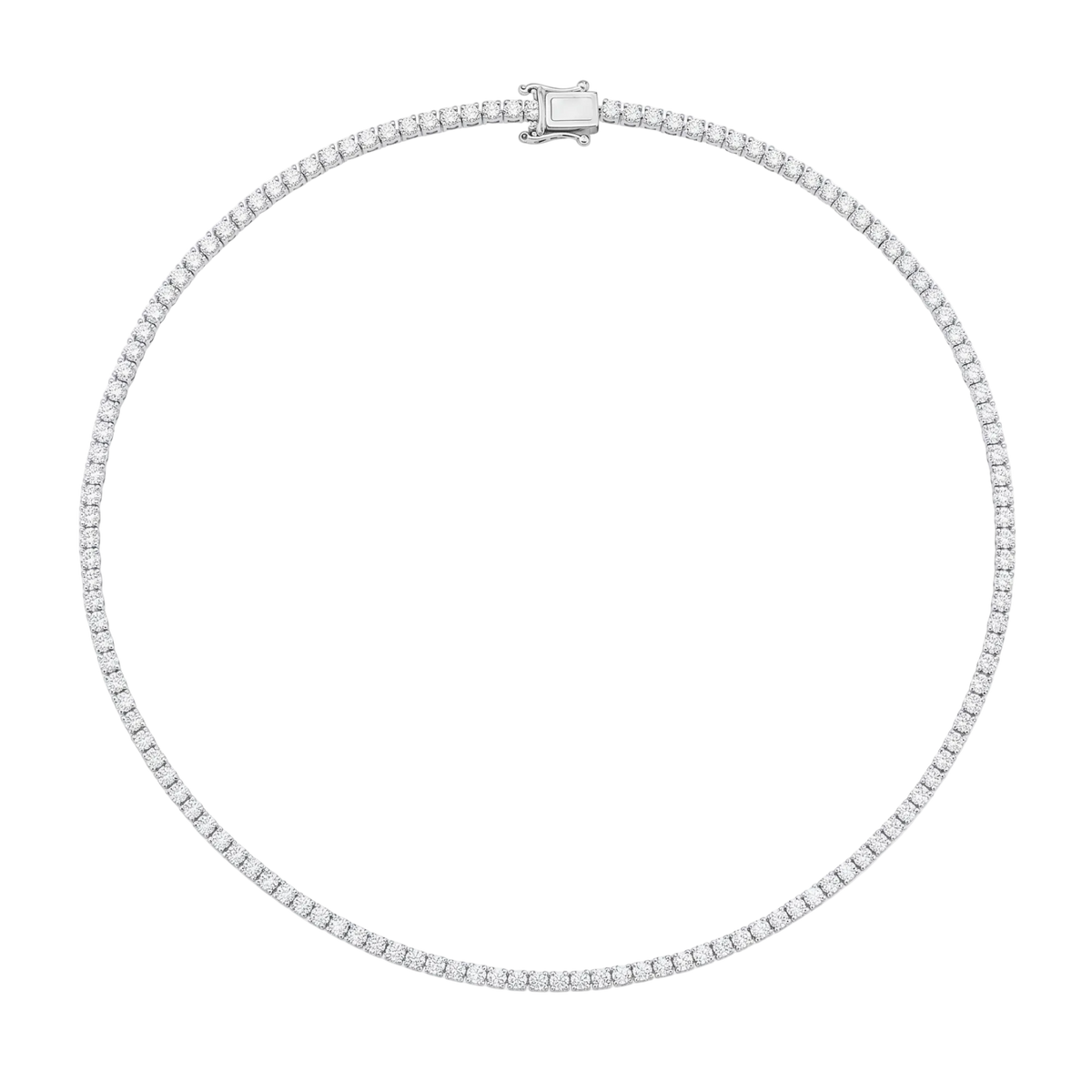 A silver tennis necklace with a row of small clear stones, featuring a rectangular clasp, shown on a plain white background.