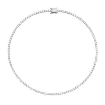 A silver tennis necklace with a row of small clear stones, featuring a rectangular clasp, shown on a plain white background.