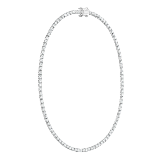 A tennis-style necklace with a continuous line of small clear stones set in a silver-toned metal, shown on a plain white background.