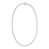 A tennis-style necklace with a continuous line of small clear stones set in a silver-toned metal, shown on a plain white background.