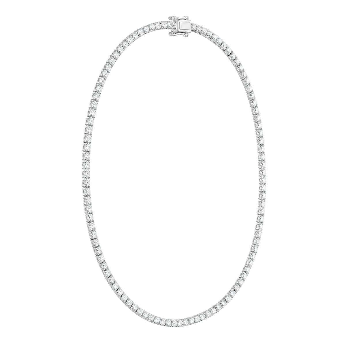 A tennis-style necklace with a continuous line of small clear stones set in a silver-toned metal, shown on a plain white background.