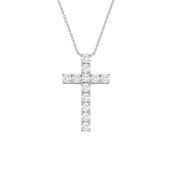 A silver cross pendant necklace paved with clear round-cut gemstones, suspended from a delicate silver chain against a solid white background.